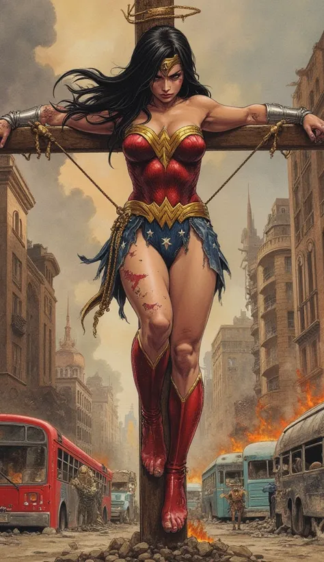 the detailed proportions and textures brushed multicolored and softened with airbrush, a semi-realistic Chinese ink illustrationof An exotic and strong beauty Wonder Woman She is crucified in the middle of the street (full body and combat pose, perfect fac...