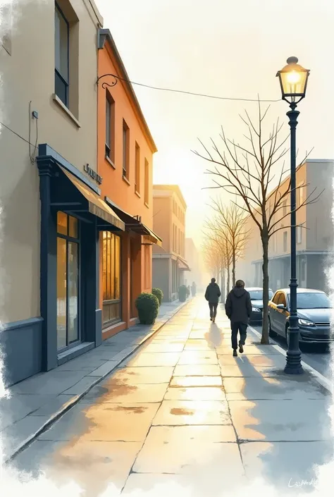   Minimalist sketch of an urban illustration  ,   Created in watercolor with a soft diffuse wash effect. .   The atmosphere is poetic  ,   How light plays on a wet sidewalk  . The colors are subtle   .