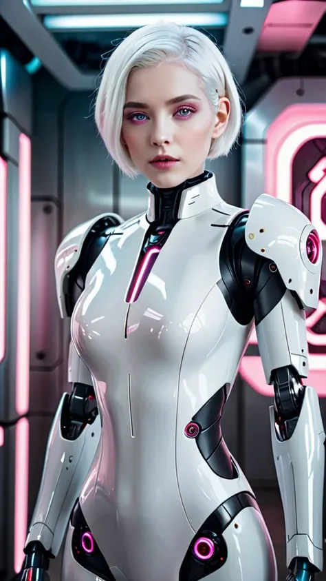  Beautiful woman. Short cold white hair, hollow temple .  has sharp facial features. Pink eyes . haughty look.  Very pale skin. Dressed in a white suit. There are robots around her. 
