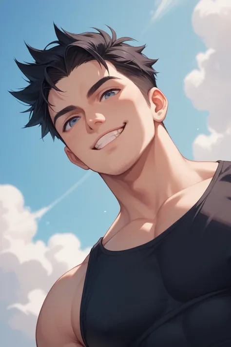 Draw an anime-style man, tall with long black hair. The perspective should be from a low-angle view, looking up at him. In one hand, he prominently displays a severed head, while smiling with a slightly mischievous, almost teasing grin.