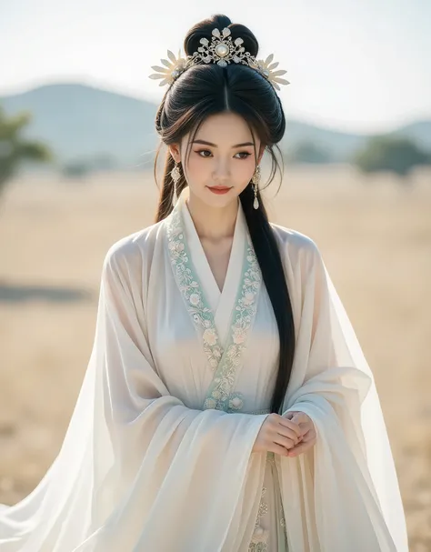  The girl's hair is tied behind in a braid., with  (( with a Chinese queen's high hair bow, with a chandelier, flower ))   in an entire white antique hanfu dress. , light green long skirt with long fabric,  fluttering  ((, the back is a desert where   ))  ...