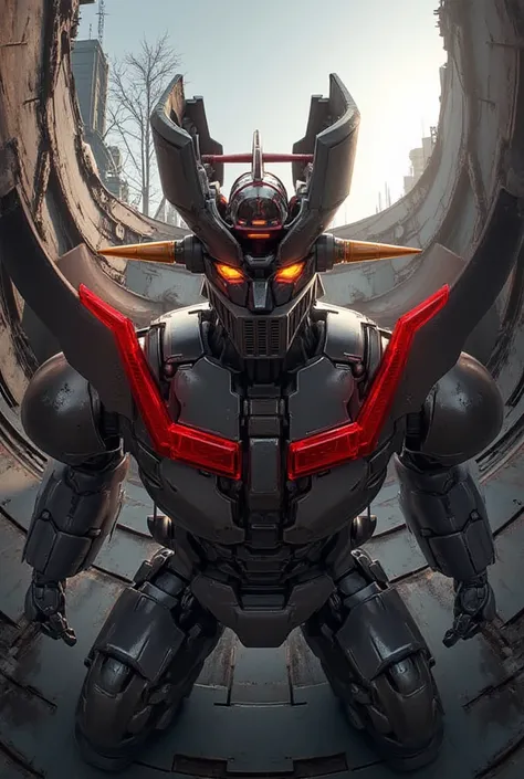  I shot it from above with a fisheye lens  、   beautiful body version of Mazinger Z  、   carefully recreated the battle pose    .   in front of a tooth height of 138 meters  , Industrial Elements   , ,  Beautiful appearance ,    Realistic Texture   , Clean...