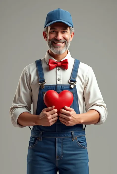 Create a realistic visual of a man dressed in blue overalls, d’une chemise Blanche dans le papillon rouge et d’une casquette bleue qui tient un cœur rouge dans sa main et le temps à l’objectif