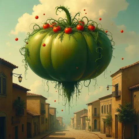 surreal and abstract painting of a magical tomato farm held afloat on a giant green tomato plant, it hovers high above an old mediterranean city, classic art, dreamy, surreal, photorealistic, magical, esoteric, occult, symbolism