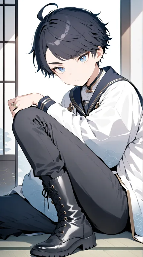 masterpiece, high score, great score, absurdres
,1boy, アラナミナギ,slim, very short black hair,ahoge, swept bangs, (thick eyebrows:0.8), blue eyes, (jitome:0.7), white haori with navy gradient, seigaiha pattern outlined in subtle gold,deep navy sailor collar wi...