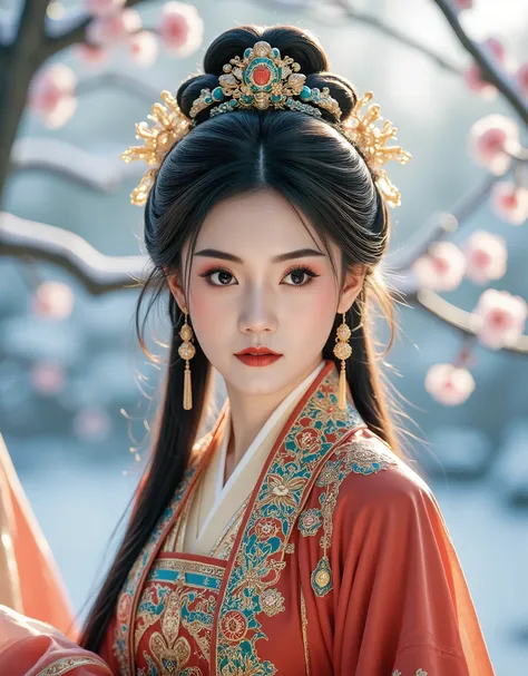 QIEMANCN,a photo of woman with a red and gold dress,hanfu,chinese style,grand spectacle,wide viewing angle,high definition,big scene,snowscape,plum blossom,looking at the camera,sharp focus,natural lighting,subsurface scattering,f2,35mm,film grain,1girl,so...