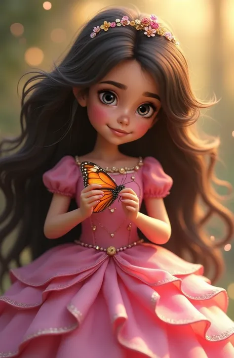   princess plays with a butterfly with her pink dress.  she has long hair, dark brown and frizzy ,  dark brown eyes
