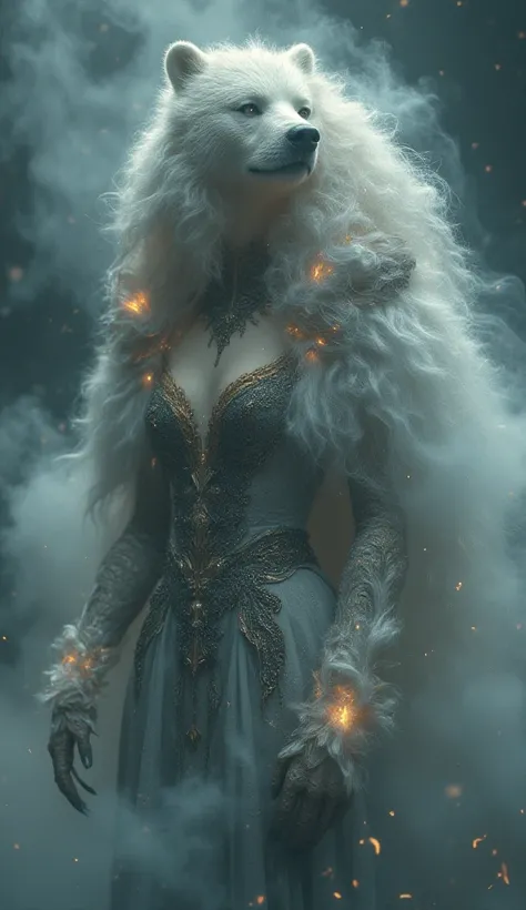 A Russian/Slavic mythical female spirit symbolizing grace and bravery, adorned in a foggy fantasy dress with intricate traditional designs. Her body is shrouded in a ghostly mist, and she is merged with the spirit of a grand bear, whose thick, velvety fur ...