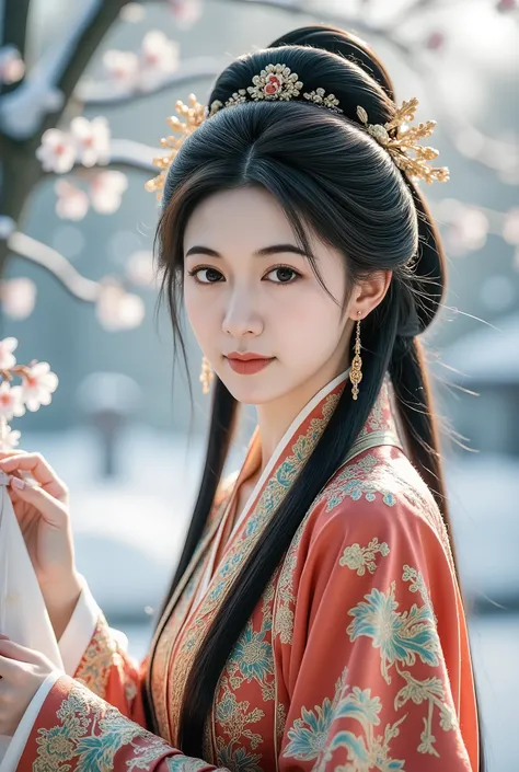 QIEMANCN,a photo of woman with a red and gold dress,hanfu,chinese style,grand spectacle,wide viewing angle,high definition,big scene,snowscape,plum blossom,looking at the camera,sharp focus,natural lighting,subsurface scattering,f2,35mm,film grain,1girl,so...
