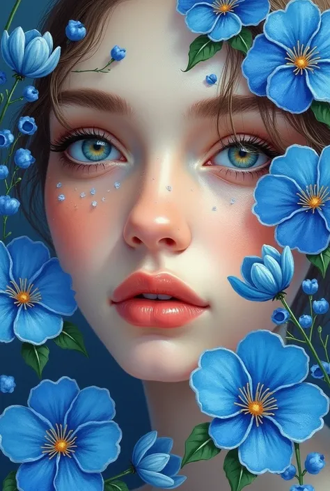  blue flowers blooming all around 、 A picture of the face of a woman with an Impressionist-style painting drawn on it ,  There are blue flowers all around 、 the picture is Impressionist style ,  Since the Middle Ages   