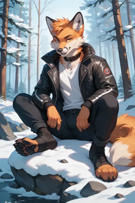 A anthro snow fox male with white fur and black paws with yellow eyes wearing a black puffy jacket with a white shirt with black pants And having his paws out and wearing the collar sitting on a rock in a snowy forest