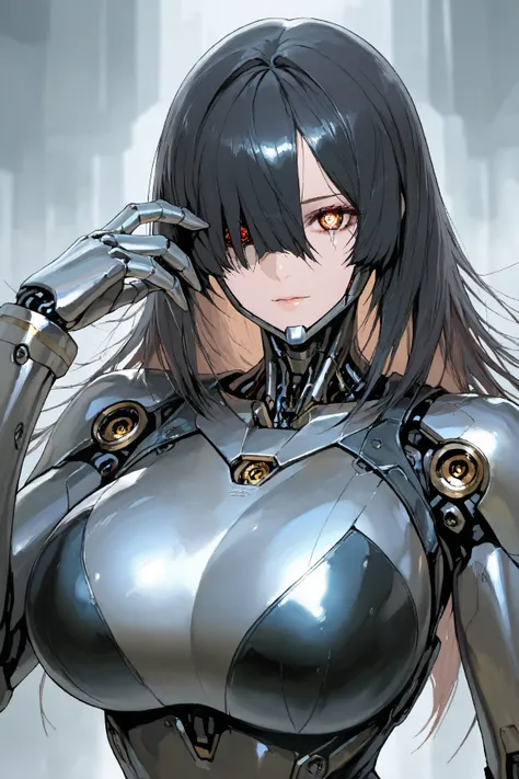  top quality,  high detail, 4K, human,  robot girl, (metal),  & Titanium Leather, Robot face(With human Features),  Cybernetic Eyes (Hard skin around the eyes, Clear pupils),  1 girl, formal,  perfect hand(5 fingers), wig(False hair),  big breast,  Bionic ...