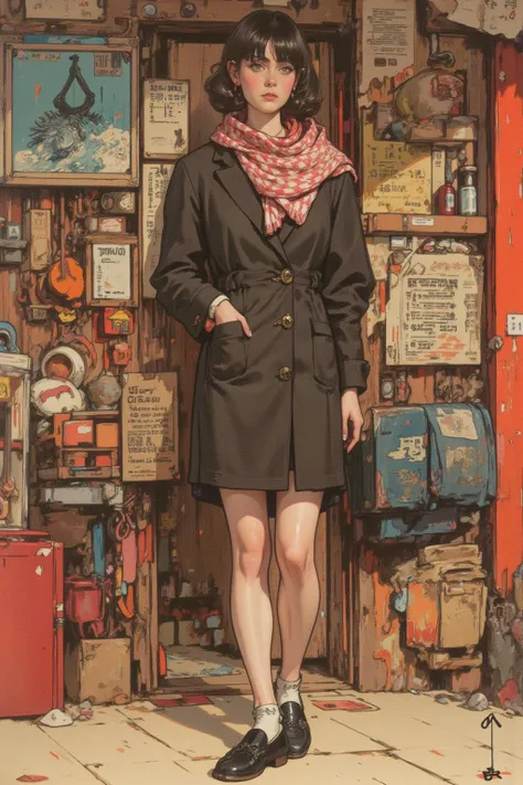   pictures inspired by Kubrick movies ,  modded woman's photo ,  standing with confidence ,  working class young people in late 1950s England,  slim button-down shirt ( check pattern ), miniskirt,  classic M-51 mod coat （Hooded）, loafers,High Contrast Illu...