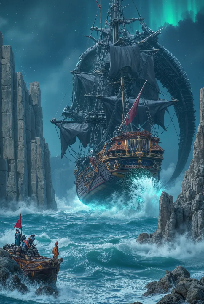   Dark Fantasy 、Kraken, The giant sea god monster , Is a raging 。 a scene where a knight aboard a luxurious steampunk pirate ship sails through the ocean。 Vivid Pirate Sailors 、 Columnar Cliffs of the Sea 、 uninhabited island 、 A Beautiful Starry Night ,  ...