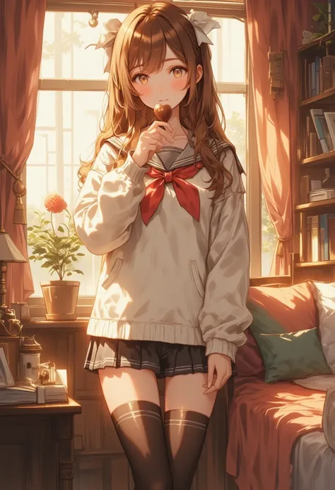 (Front angle, looking at the viewer)(standing position)(look at the viewer)
(Her room has a cute layout) (Long sleeves, white sailor suit, red ribbon)(Chestnut long hair 1:5) 
  top quality,   Masterpiece ,  ultra high resolution,　  beautiful legs　Beautifu...