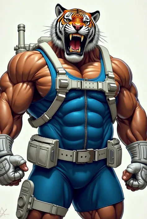 (A rugged beefy extremely muscular bulky old man), (wearing blue fully-zipped fullbody wetsuit with short swimming pants that show his muscular thighs), (wearing realistic roaring tiger mask), thumbs up pose, wearing white bulky harness, wearing bulky scub...