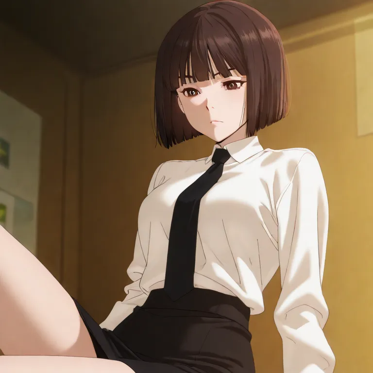 Masterpiece, best quality, source_anime, anime screencap, anime coloring, anime screencap,1girl, solo,brown eyes, short hair, bob cut, brown hair, black hair, black eyes, blunt bangs,long sleeves, black necktie, white shirt, collared shirt, black skirt, pe...