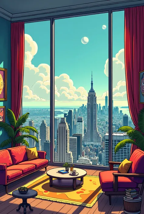 cartoon background in the style of old comics living room in a skyscraper with panoramic windows