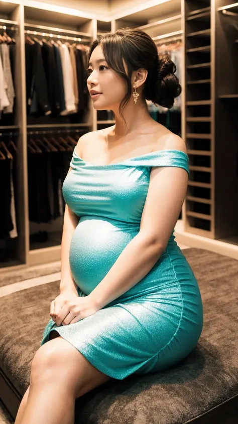 masterpiece, Best Quality, 8K,looking at the viewer,Japanese Lady,20 years old, huge pregnant, Voluptuous, luxury closet background, fishtail dress, chignon hairstyles, sitting 