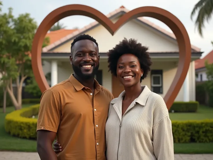 Un jeune couple camerounais souriant devant une belle maison moderne, typique des quartiers résidentiels de Douala ou Yaoundé, avec un jardin bien entretenu. Un grand cœur symbolique en transparence derrière eux, donnant une atmosphère chaleureuse et sécur...