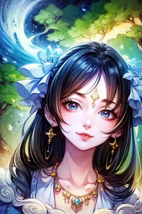 (  masterpiece、 top quality、8k、 Hi-Res)、  1 female、Perfect face 、 beautiful eyes、 beautiful lips、Beautiful Nose、Brown-black long hair 、 moderate bust、 perfect style、 look at me and smile、 jewelry、 necklace、 colorful white and blue dress 、(whole body)、Sandy...