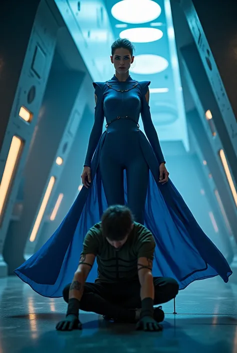 Create image of a woman dressed in blue with a cape taking away a prisoner we are on an alien spaceship 