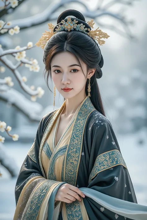 QIEMANCN,a photo of woman with a black and gold dress,hanfu,chinese style,grand spectacle,wide viewing angle,high definition,big scene,snowscape,plum blossom,looking at the camera,sharp focus,natural lighting,subsurface scattering,f2,35mm,film grain,1girl,...