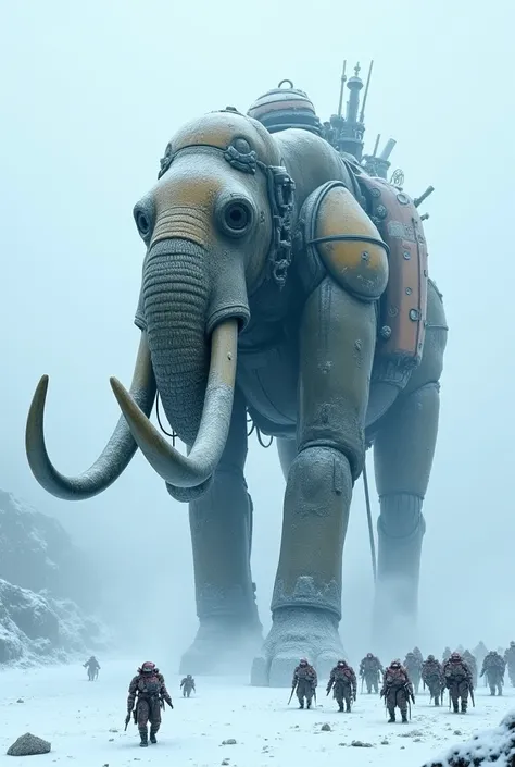 Mammoth War Machine – A prehistoric mammoth fused with a towering mechanical war machine, its tusks converted into energy cannons. It trudges through a frozen battlefield, steam rising from its body as it leads an army of robotic beasts.