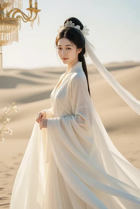 Hairstyle girl tied behind in a bun, with  (( with a Chinese queen's high hair bow, with a chandelier, flowers )) In an all white antique hanfu dress, a light green long skirt with a long fabric, fluttering. ((The back is a desert  )) Full body smiling 