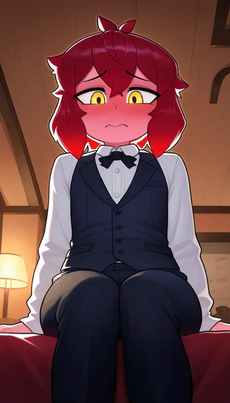 1 guy, Guy, a male,  yellow eyes, red hair,  short stature,  medium length hair,  tousled hair, (19 years old ),  cafe ,  cute blushing,  is worried ,  flat chest, shorter body ,  aristocratic business attire,  closed clothes , ,  contrasting light,  side ...