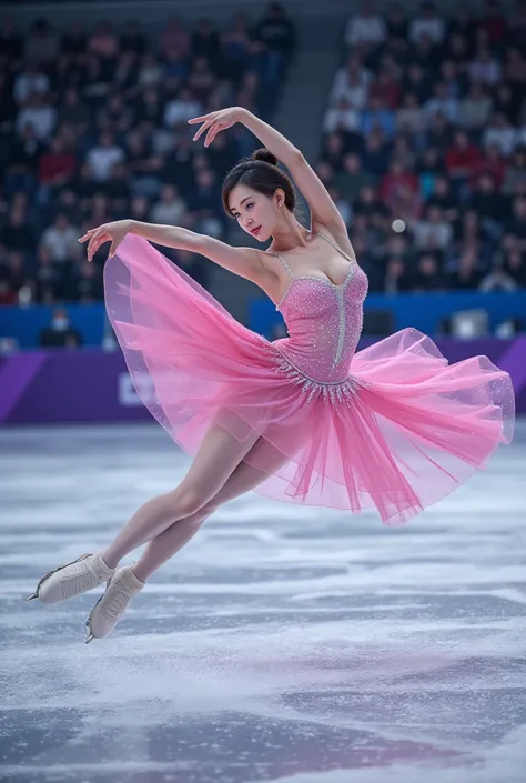 ((Paris Olympic background)), ((Full body)), (((perfect anatomy))),(((Ulzan 6500))),Dynamic portraits、Capture a beautiful Japanese skating ballet dancer in the middle of a leap, Frozen in breathtaking moments of elegance. The subject's graceful poses and f...