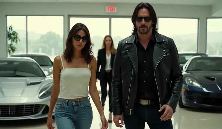 A modern luxury car dealership with sleek, shiny cars displayed in the background. In the foreground, Sandra Bullock, dressed casually in jeans and sunglasses, stands looking surprised and slightly frustrated. Next to her, Keanu Reeves, cool and confident ...