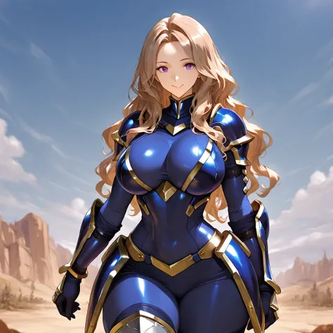 1MILF, Indigo Blue sexy armor, Big Breasts, Slim waist, big butts, pocket, Hand guard, armored boots , wilderness, smile, Wavy Hair, long hair, light brown hair, perfect proportions, sexy
