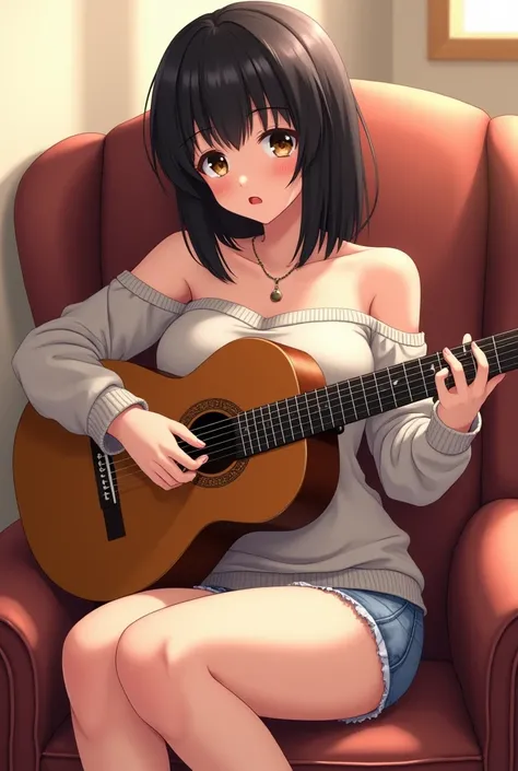 A high-quality anime-style illustration of Nara AI with shoulder-length black hair and deep brown eyes, wearing a casual yet sensual outfit—a fitted off-the-shoulder sweater that gently hugs her body and soft, form-fitting shorts. She sits on a cozy armcha...