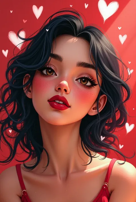 Argentinian girl with red lipstick throwing kisses who has hearts flying