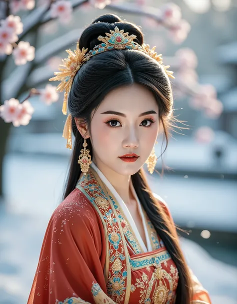QIEMANCN,a photo of woman with a red and gold dress,hanfu,chinese style,grand spectacle,wide viewing angle,high definition,big scene,snowscape,plum blossom,looking at the camera,sharp focus,natural lighting,subsurface scattering,f2,35mm,film grain,1girl,so...