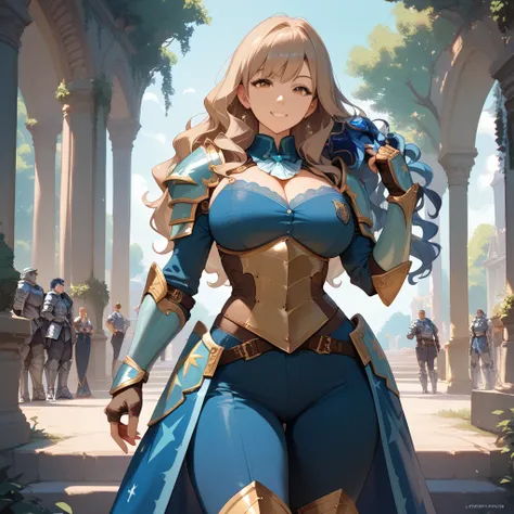 1MILF, Indigo Blue sexy armor, Big Breasts, Slim waist, big butts, pocket, Hand guard, armored boots , wilderness, smile, Wavy Hair, long hair, light brown hair, perfect proportions, sexy
