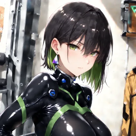 masterpiece, (((( best quality )))),,,shiny skin, wearing a black pilot suit, dark hair, short bob hair,The inner color of the hair is green, green eyes,isosceles triangle earrings,,,large breasts,