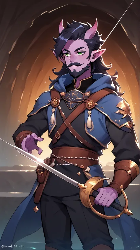 Male Bard rockstar Tiefling with purple skin,cool Tiefling horns with golden streaks, wearing leather outfit ,character of D&D, black hair, black beard, green eyes, smile,  Perfect Eyes, purple skin,medim black hair,Thick mustache, cabello negro, presumed,...