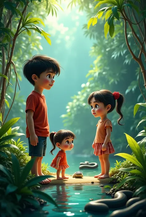 1 boy looking beautiful aged ...2 a girl looking sharp n cute in mid ...3 girl is tiny looking scared..4 boy in side position and feeling daring...in a jungle..water..snakes... thrill suspence 