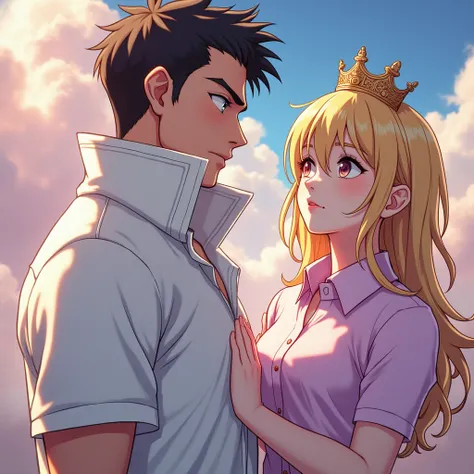 Anime Man wearing a Massive Popped Collar Polo with a collar so high it's taller than his head looking at his Hypnotized Princess Girlfriend