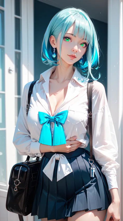 hyper-realistic， high quality， HD ， High detail，8k， aquamarine hair ， wears a white collared shirt and black pleated skirt，Solo girl with shoulder bag 、 gray eyes and full chest 。