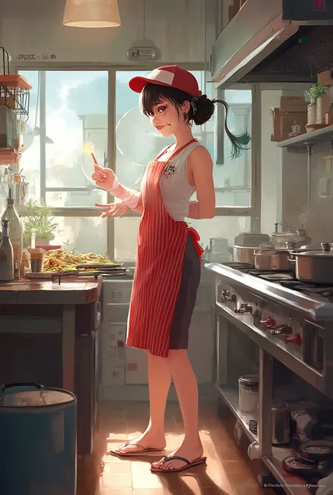 generate image of school cook wearing flip-flops, sleeveless blouse, long nails with nail polish, wearing earrings, wearing a cap, preparing a meal in the school kitchen