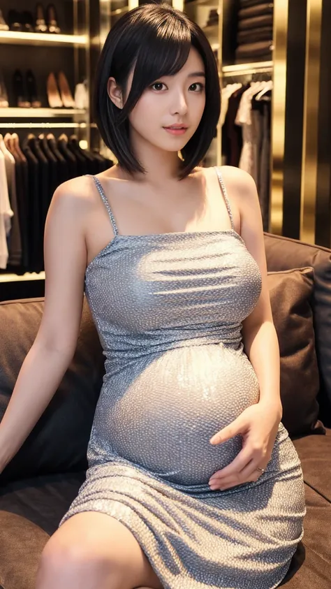 masterpiece, Best Quality, 8K,looking at the viewer,Japanese Lady,20 years old, huge pregnant, Voluptuous, luxury closet background, fishtail dress, short length hair, sitting 