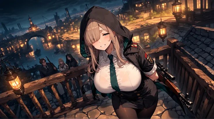 (8k,wallpaper of extremely detailed CG unit  ,(masterpiece, highest quality), very detailed, highest quality, official art, beautiful and aesthetic: 1.2), 1 woman, curvy, huge breasts, light brown hair , hair over one eye ,long hair ,black short skirt, whi...