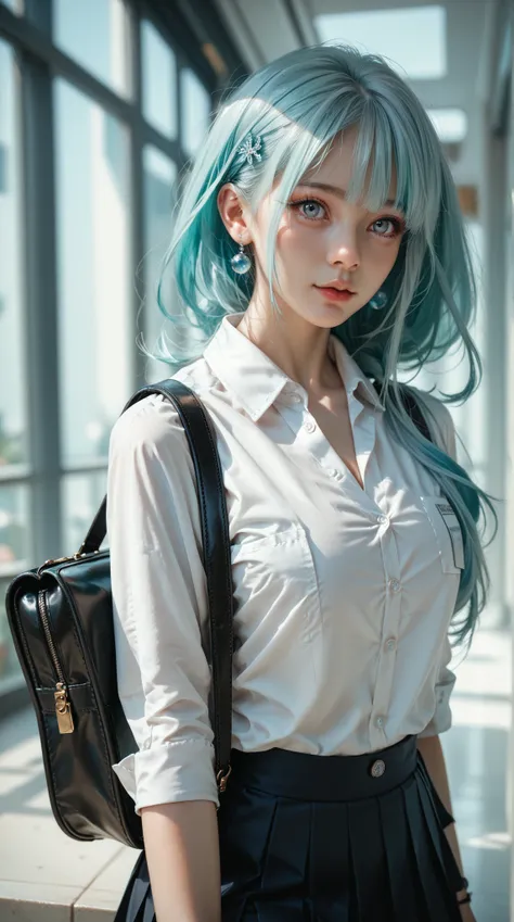 hyper-realistic， high quality， HD ， High detail，8k， aquamarine hair ， wears a white collared shirt and black pleated skirt，Solo girl with shoulder bag 、 gray eyes and full chest 。