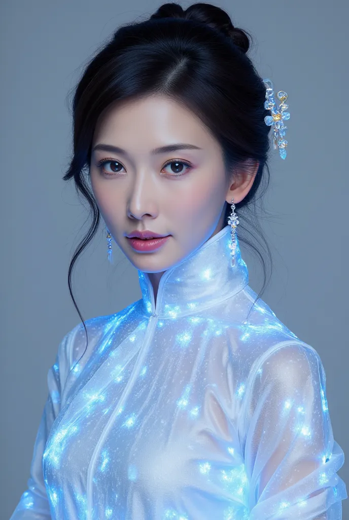 A luminous Chinese beauty from ancient dynasties (221 BCE - 220 CE) stands majestically against a neutral background, her vibrant white-blue twotone attire radiating an otherworldly aura. David Lachapelle's lens captures the frozen moment of her polished b...