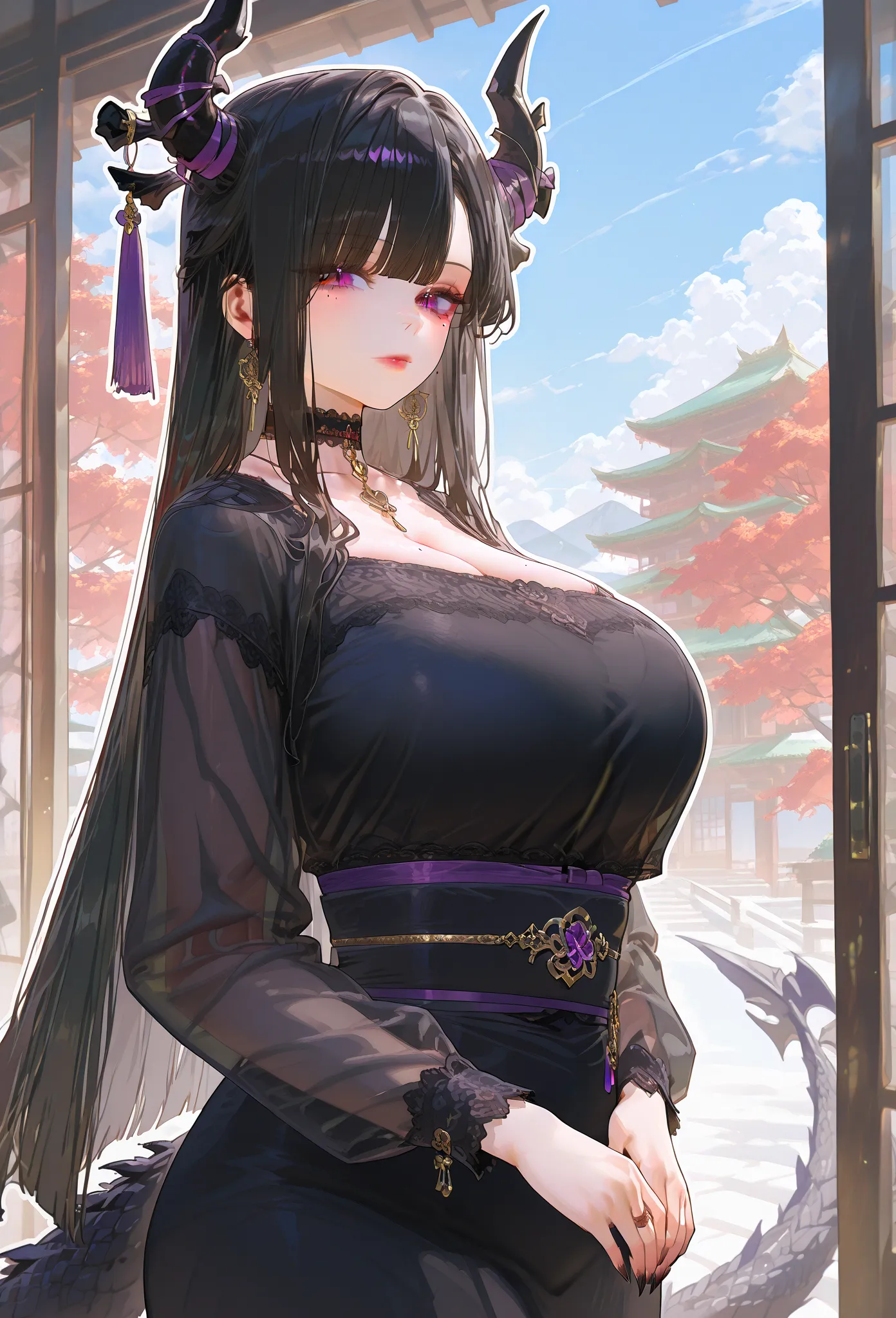 mixed_artwork style, black choker, big, mature woman, (black long hair), straight hair, side bangs, Layered strands, purple eyes, (sharp eyes), massive breasts, expressionless, mole under eye, standing, dragon horns, claws, long tail, (white outline), (bla...