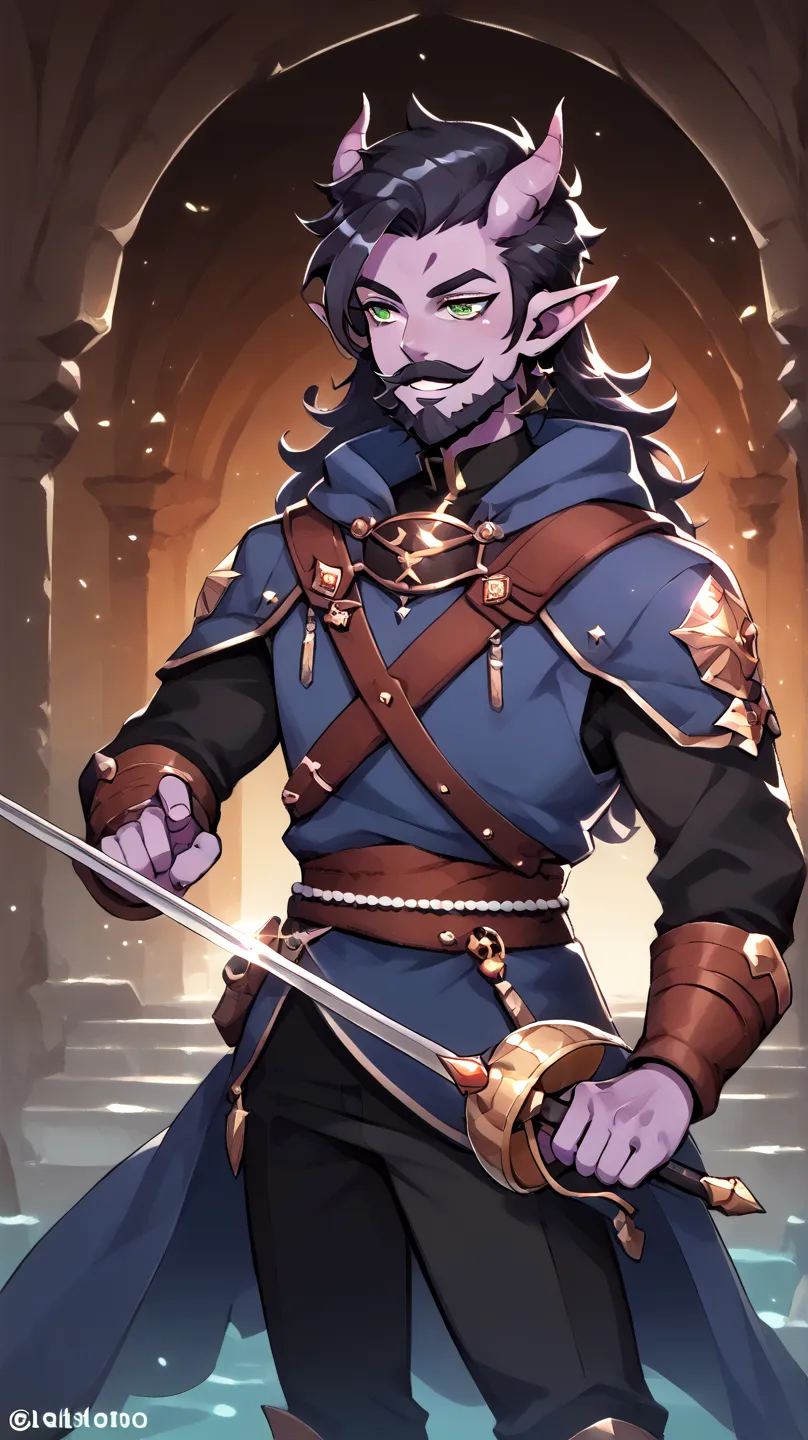 Male Bard rockstar Tiefling with purple skin,cool Tiefling horns with golden streaks, wearing leather outfit ,character of D&D, black hair, black beard, green eyes, smile,  Perfect Eyes, purple skin,medim black hair,Thick mustache, cabello negro, presumed,...