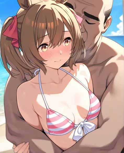 very awa, masterpiece, best quality, newest,  highres, aburdres、 smart falcon 、 smart falcon 　Uma Musume　 1 、 very small breasts、 thin body、 Read more、 brown hair、 twin tails、pink striped bikini、 beach、blue sky、Embarrassed and blushing、One fat man 、A man h...